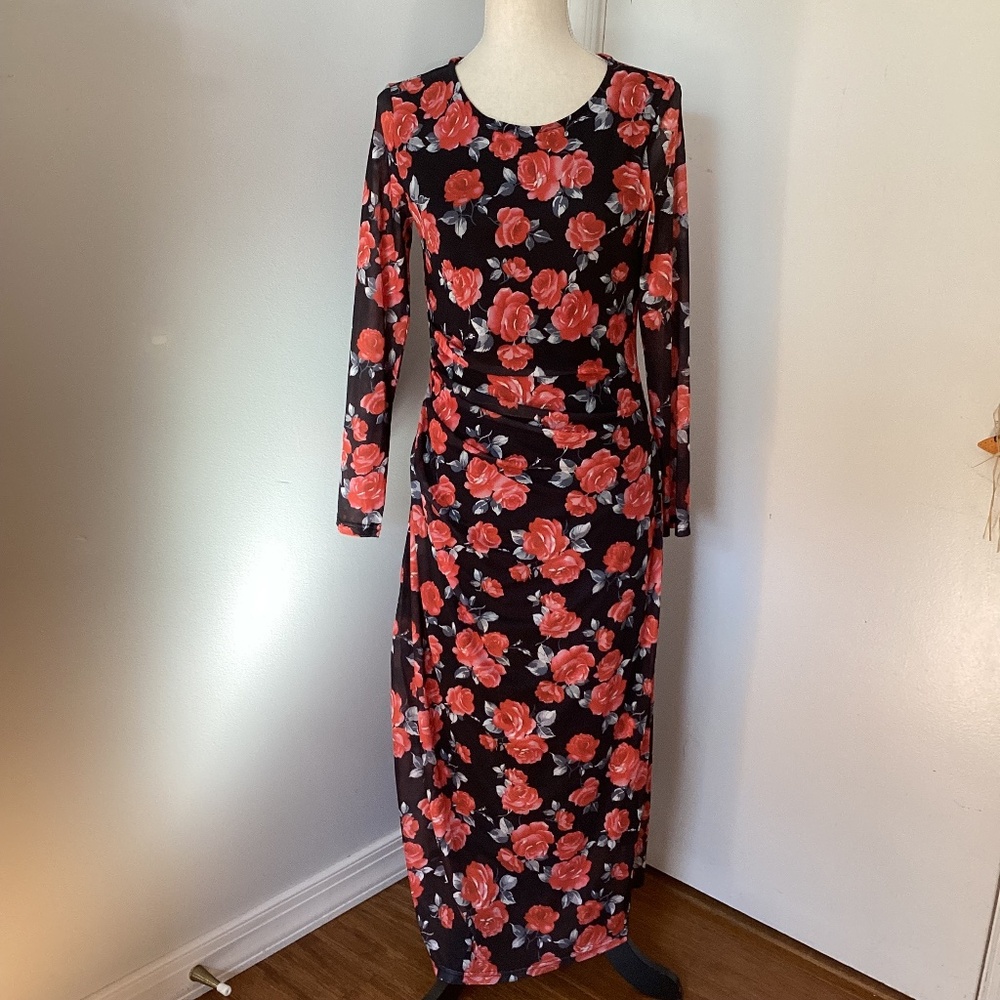 NWOT MATERNITY MAXI BLACK RED ROSES DRESS LONG SLEEVE SIZE SMALL